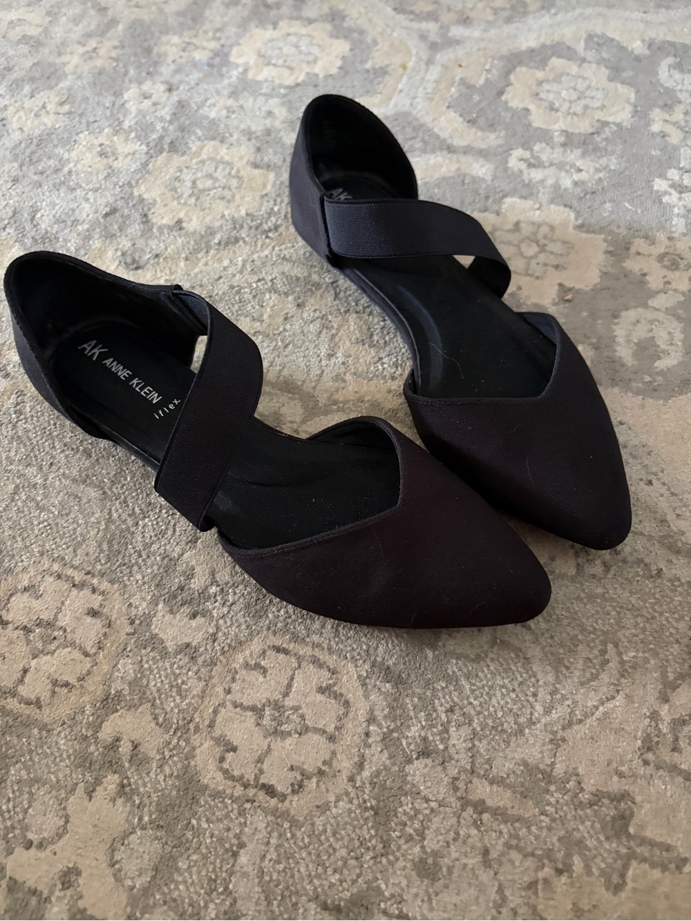 Anne Klein Black Pointed D'Orsay Flats with Elastic Strap